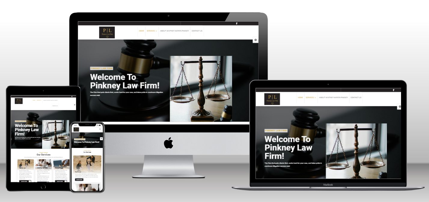 A collection of digital devices including a smartphone, tablet, laptop, and desktop computer arranged parallelly, each displaying the homepage of the 'Pinkney Law Firm' website with a prominent gavel and scales of justice image.