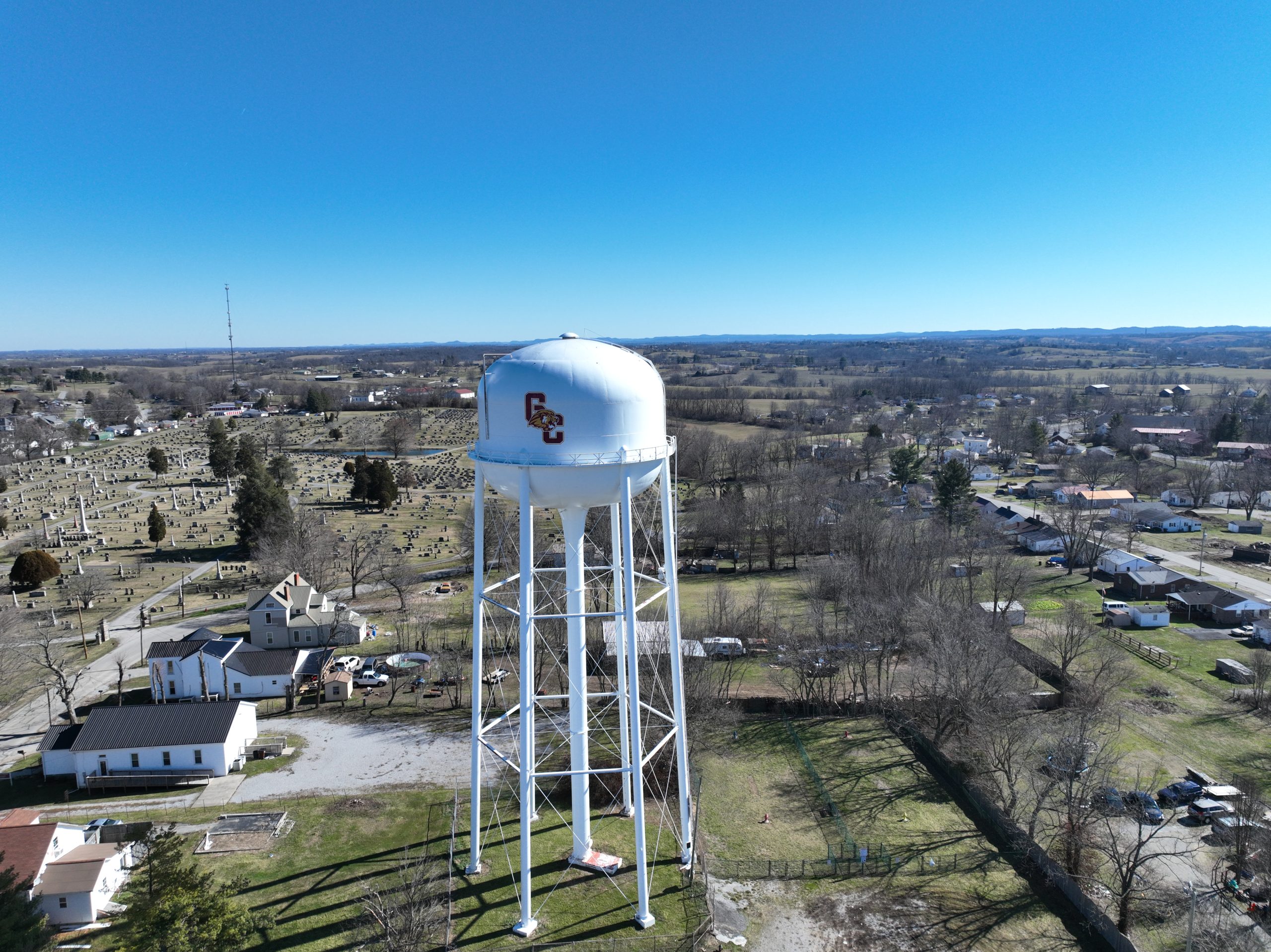 Aerial photo of a water tower in Lancaster, Ky.